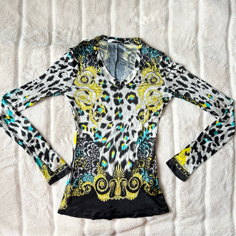 Versace Collection Baroque Cheetah V-Neck Longsleeve Size Small